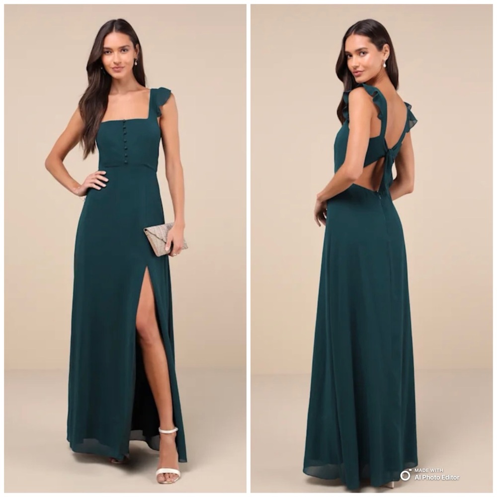 Lulus XL Delightful Loveliness Emerald Green Ruffled Tie-Back Maxi Dress NWT